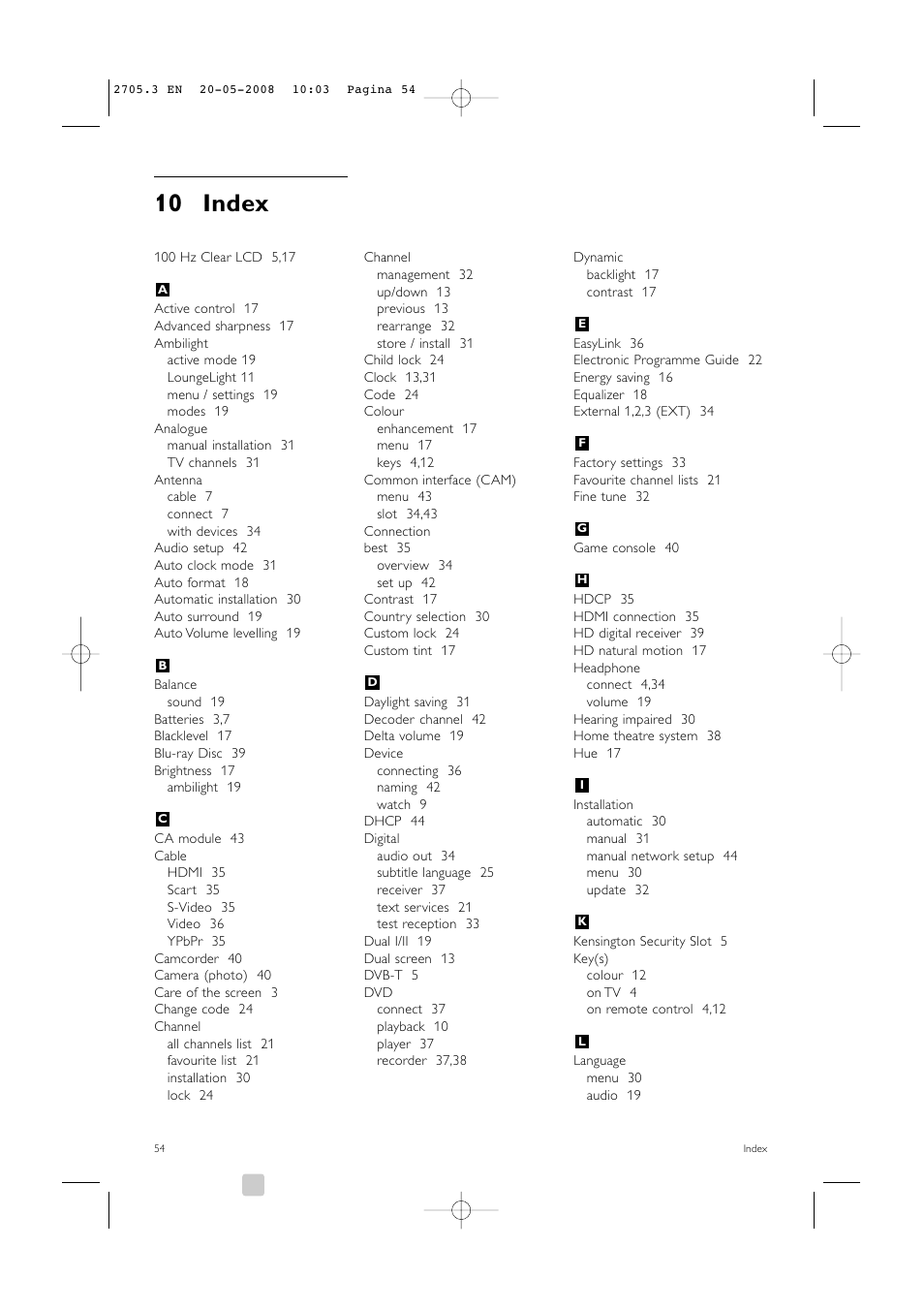 10 index | Philips 32PFL9603 User Manual | Page 56 / 68