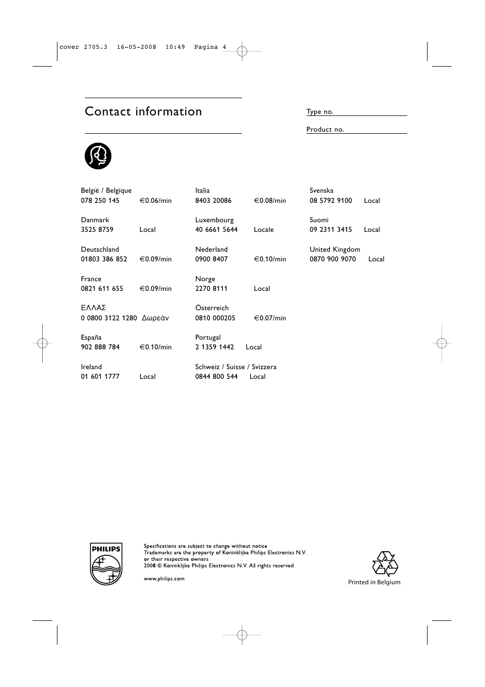 Contact information | Philips 32PFL9603 User Manual | Page 68 / 68
