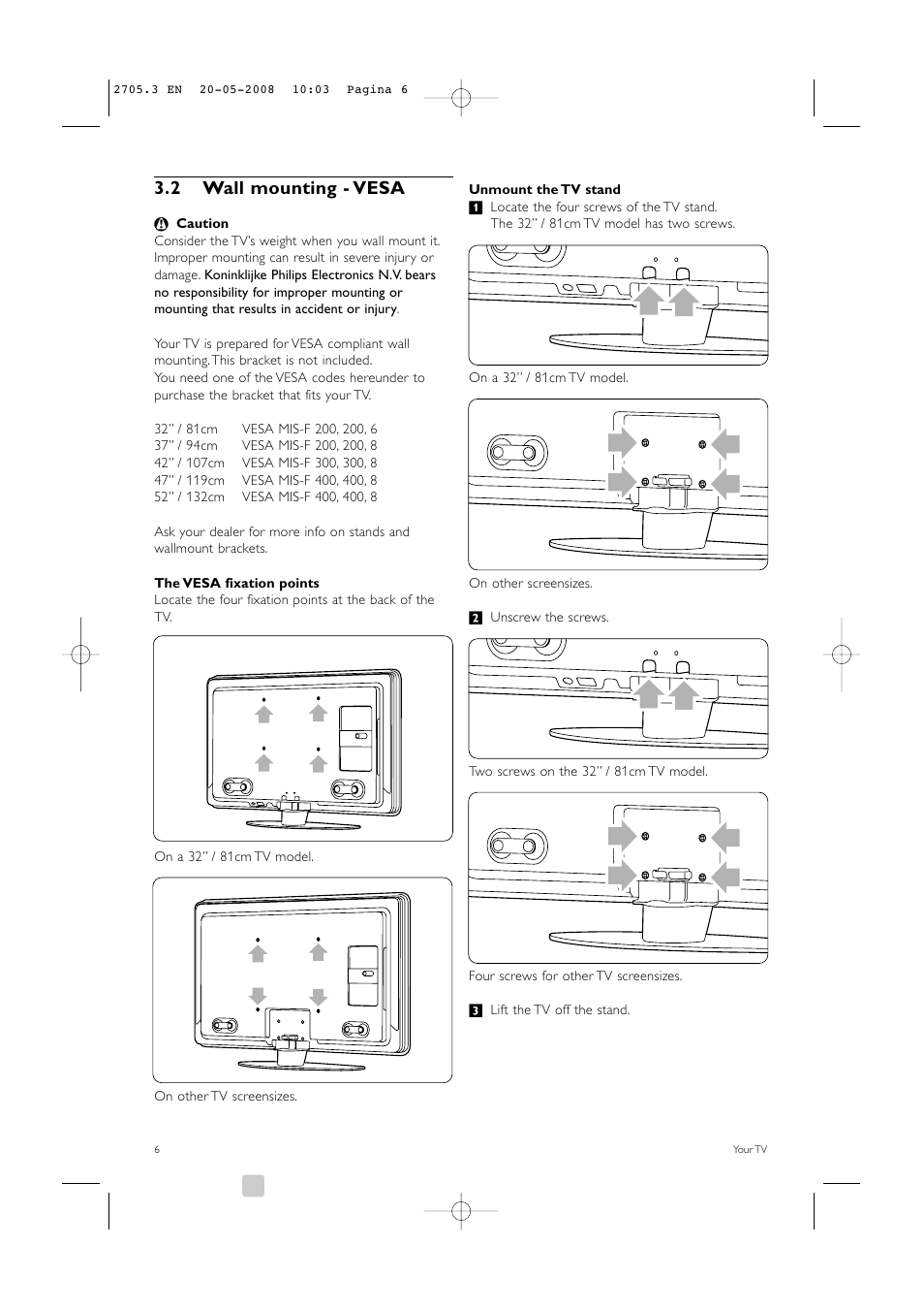 2 wall mounting - vesa | Philips 32PFL9603 User Manual | Page 8 / 68