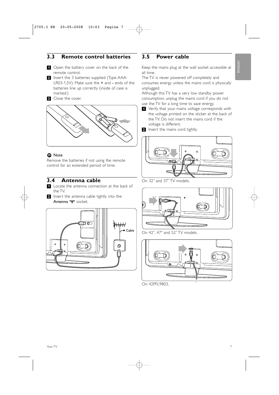 3 remote control batteries, 4 antenna cable, 5 power cable | Philips 32PFL9603 User Manual | Page 9 / 68