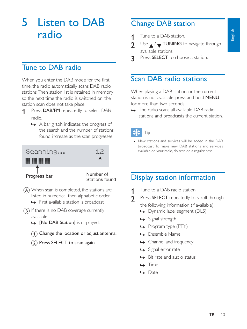 5 listen to dab radio, Tune to dab radio, Change dab station 1 | Scan dab radio stations, Display station information 1 | Philips AE5250 User Manual | Page 10 / 17