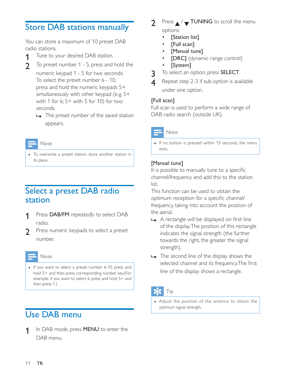 Store dab stations manually, Select a preset dab radio station 1, Use dab menu 1 | Philips AE5250 User Manual | Page 11 / 17