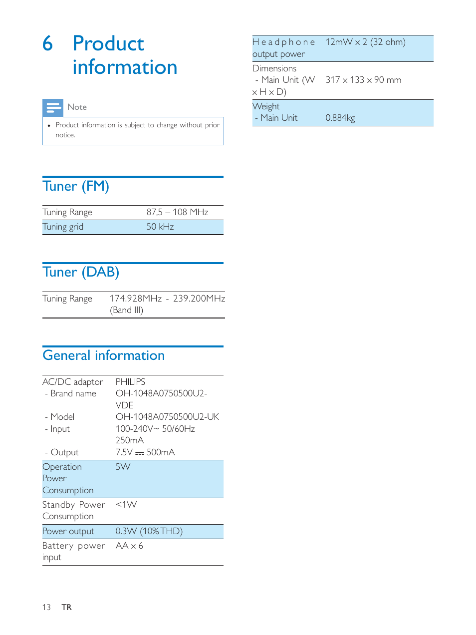 6 product information, Tuner (fm), Tuner (dab) | General information | Philips AE5250 User Manual | Page 13 / 17