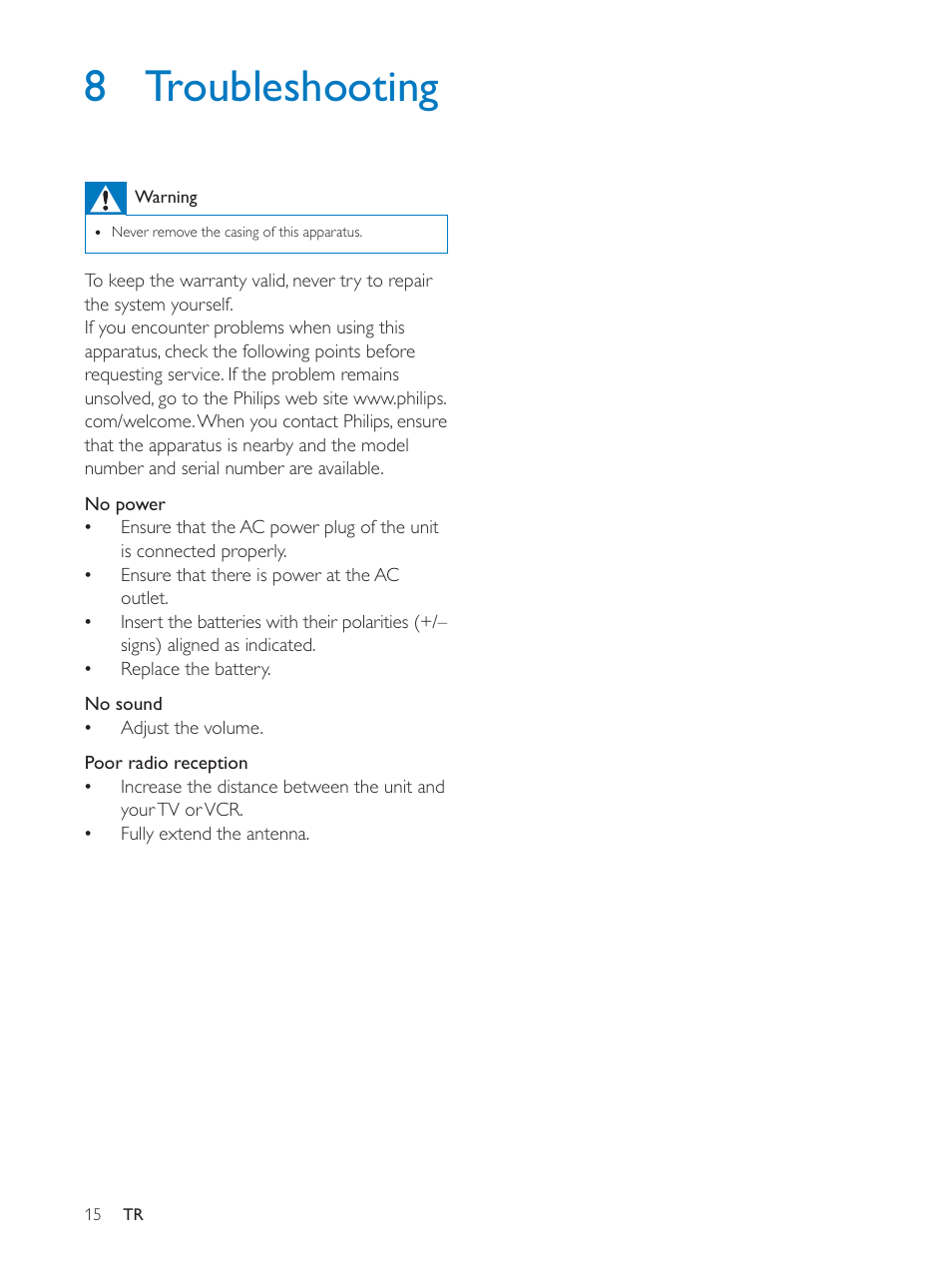 8 troubleshooting | Philips AE5250 User Manual | Page 15 / 17