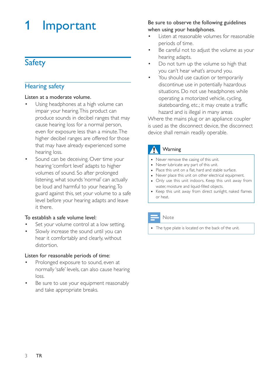 1 important, Safety, Hearing safety | Philips AE5250 User Manual | Page 3 / 17