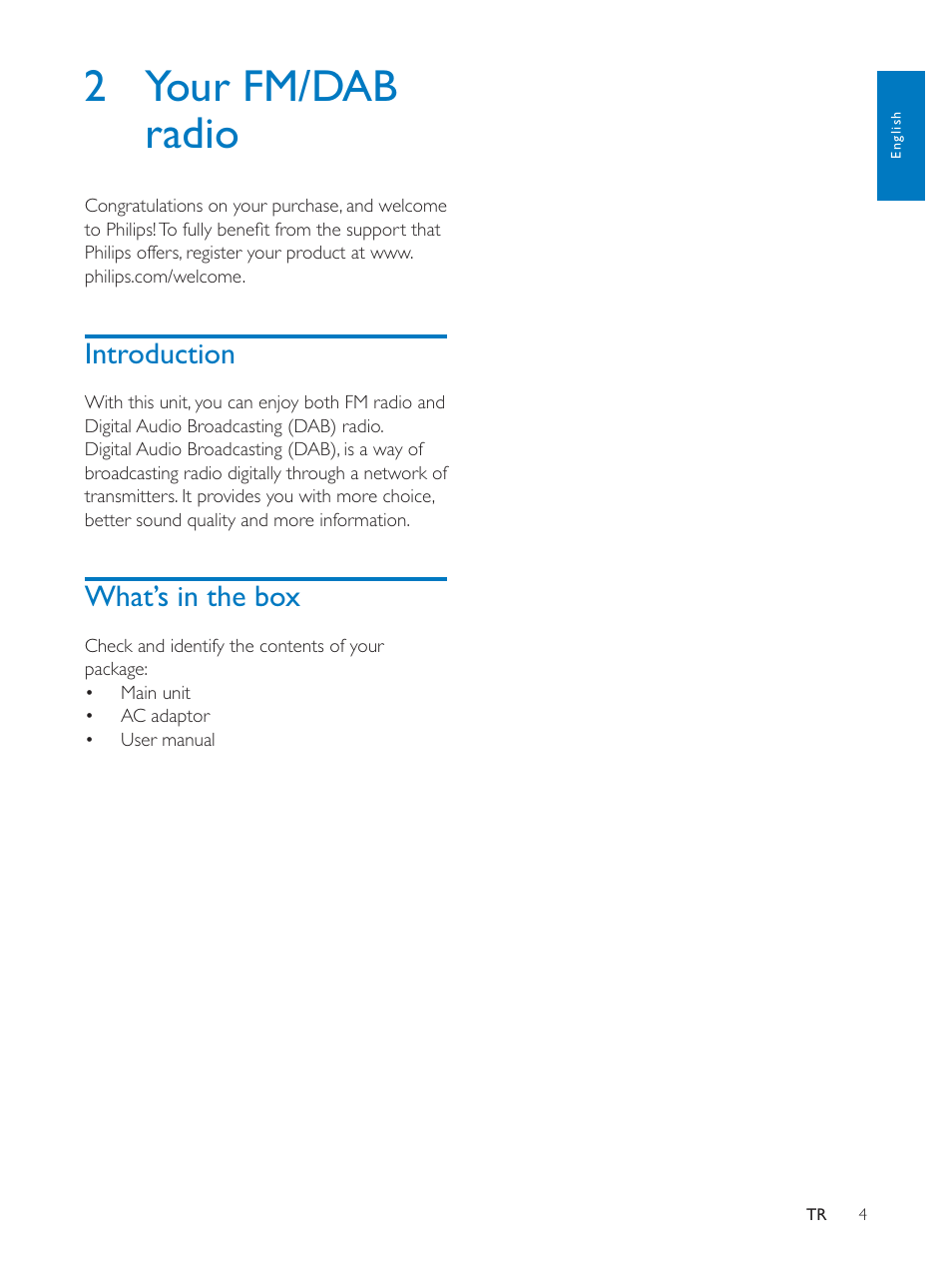 2 your fm/dab radio, Introduction, What’s in the box | Philips AE5250 User Manual | Page 4 / 17