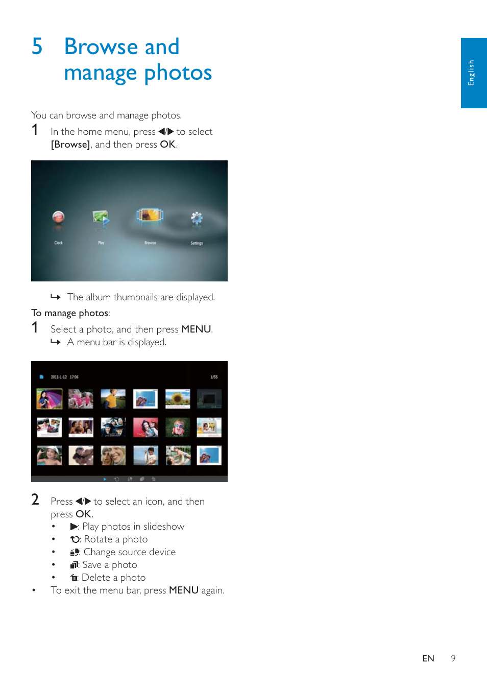 5 browse and manage photos | Philips SPF4610 User Manual | Page 10 / 19