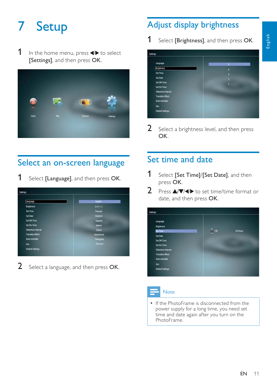 7 setup, Select an on-screen language, Adjust display brightness | Set time and date | Philips SPF4610 User Manual | Page 12 / 19