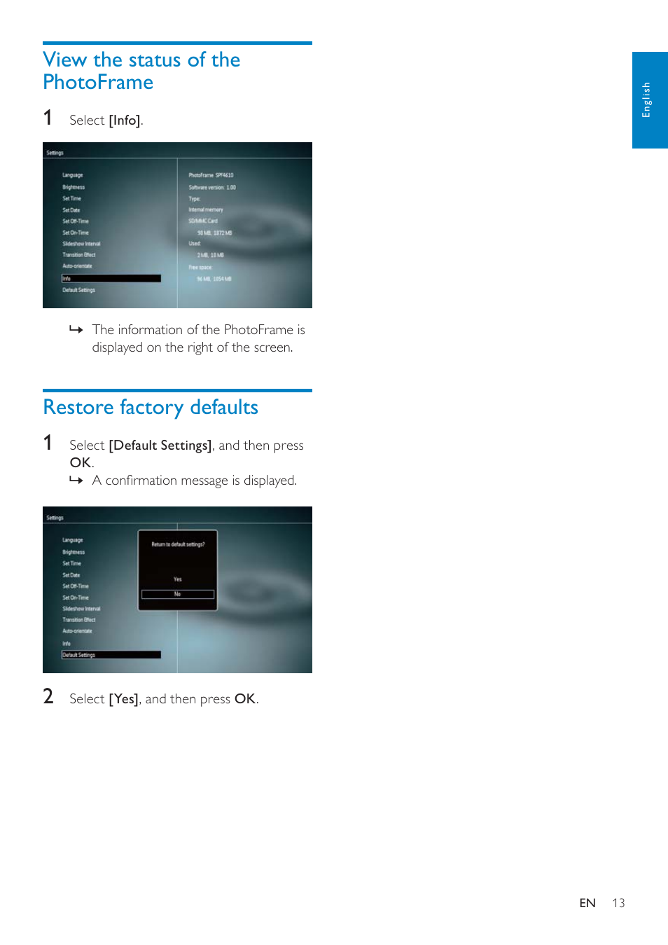 View the status of the photoframe, Restore factory defaults | Philips SPF4610 User Manual | Page 14 / 19