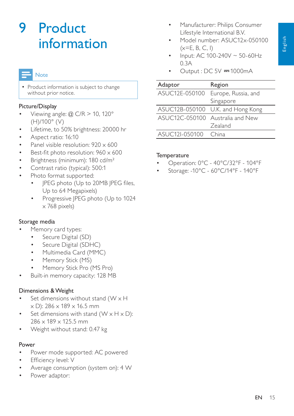 9 product information, 9 product, Information | Philips SPF4610 User Manual | Page 16 / 19