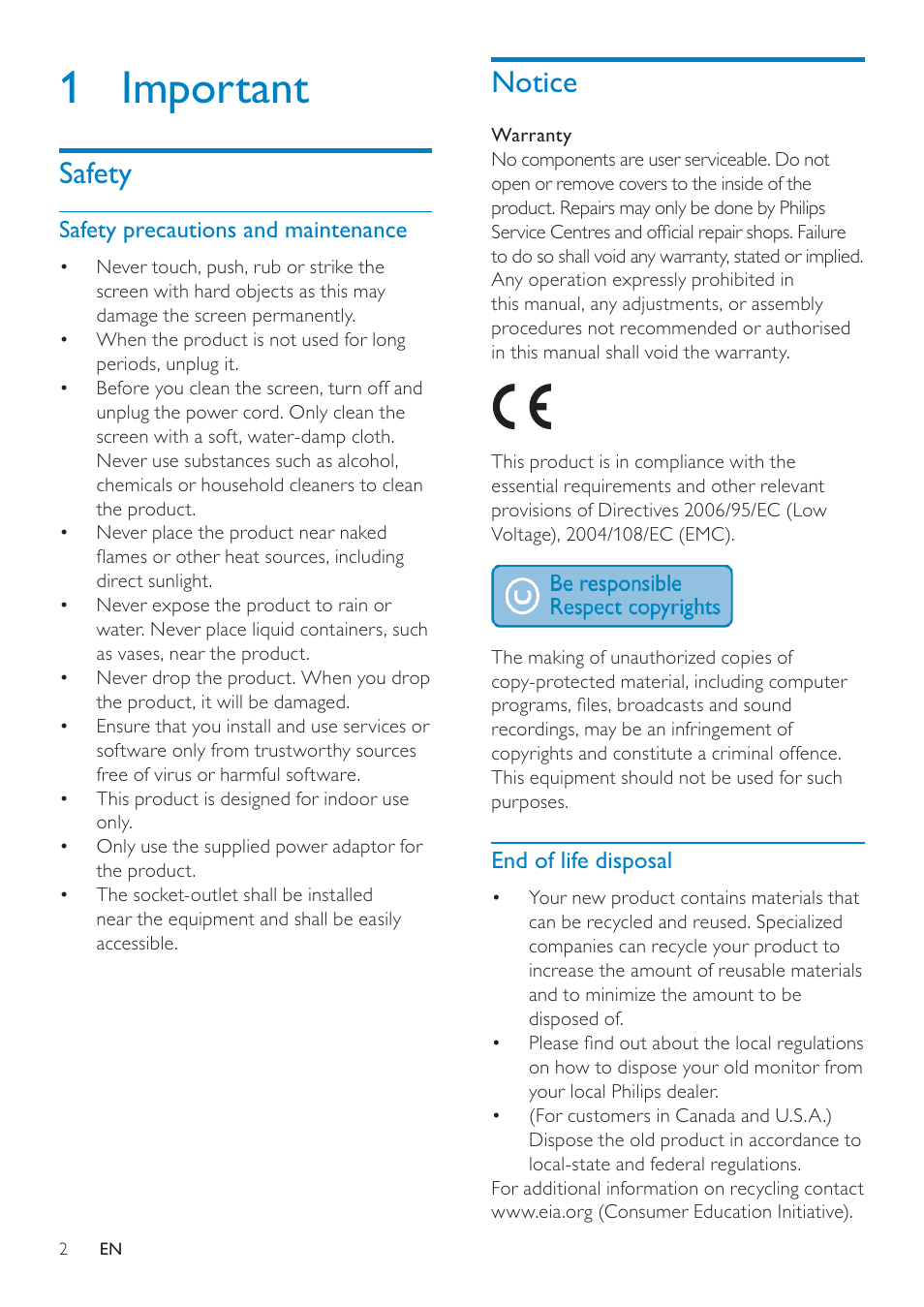 1 important, Safety, Safety precautions and maintenance | Notice, End of life disposal, Safety precautions and maintenance 2 | Philips SPF4610 User Manual | Page 3 / 19