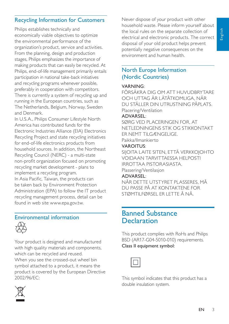 Recycling information for customers, Environmental information, North europe information (nordic countries) | Banned substance declaration | Philips SPF4610 User Manual | Page 4 / 19