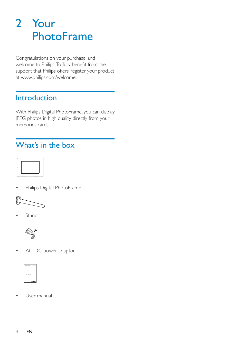 2 your photoframe, Introduction, What’s in the box | 2 your, Photoframe | Philips SPF4610 User Manual | Page 5 / 19
