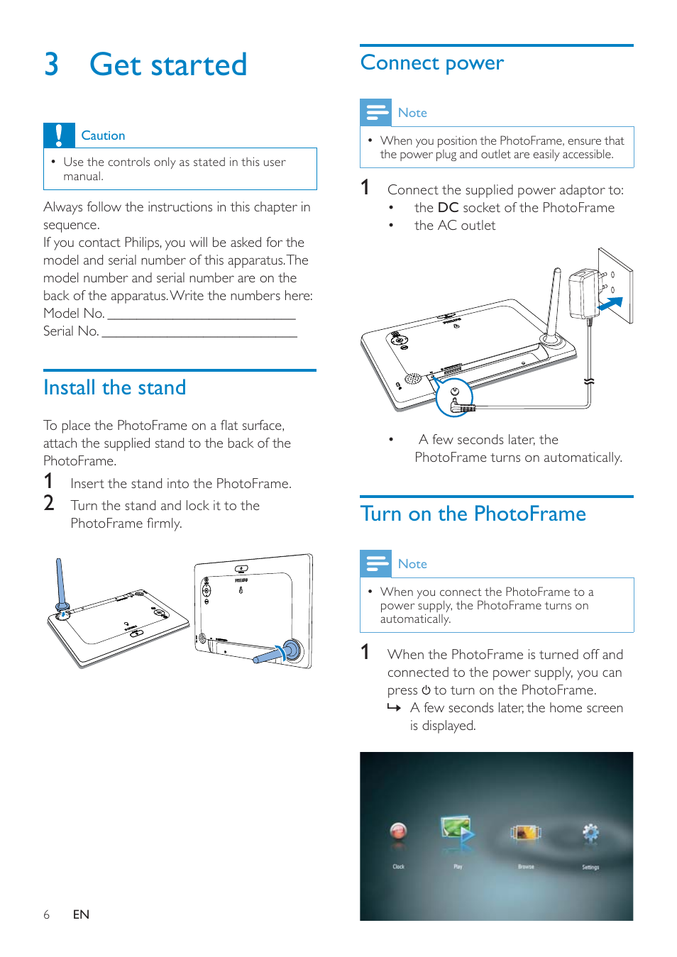 3 get started, Install the stand, Connect power | Turn on the photoframe, 3 get, Started | Philips SPF4610 User Manual | Page 7 / 19