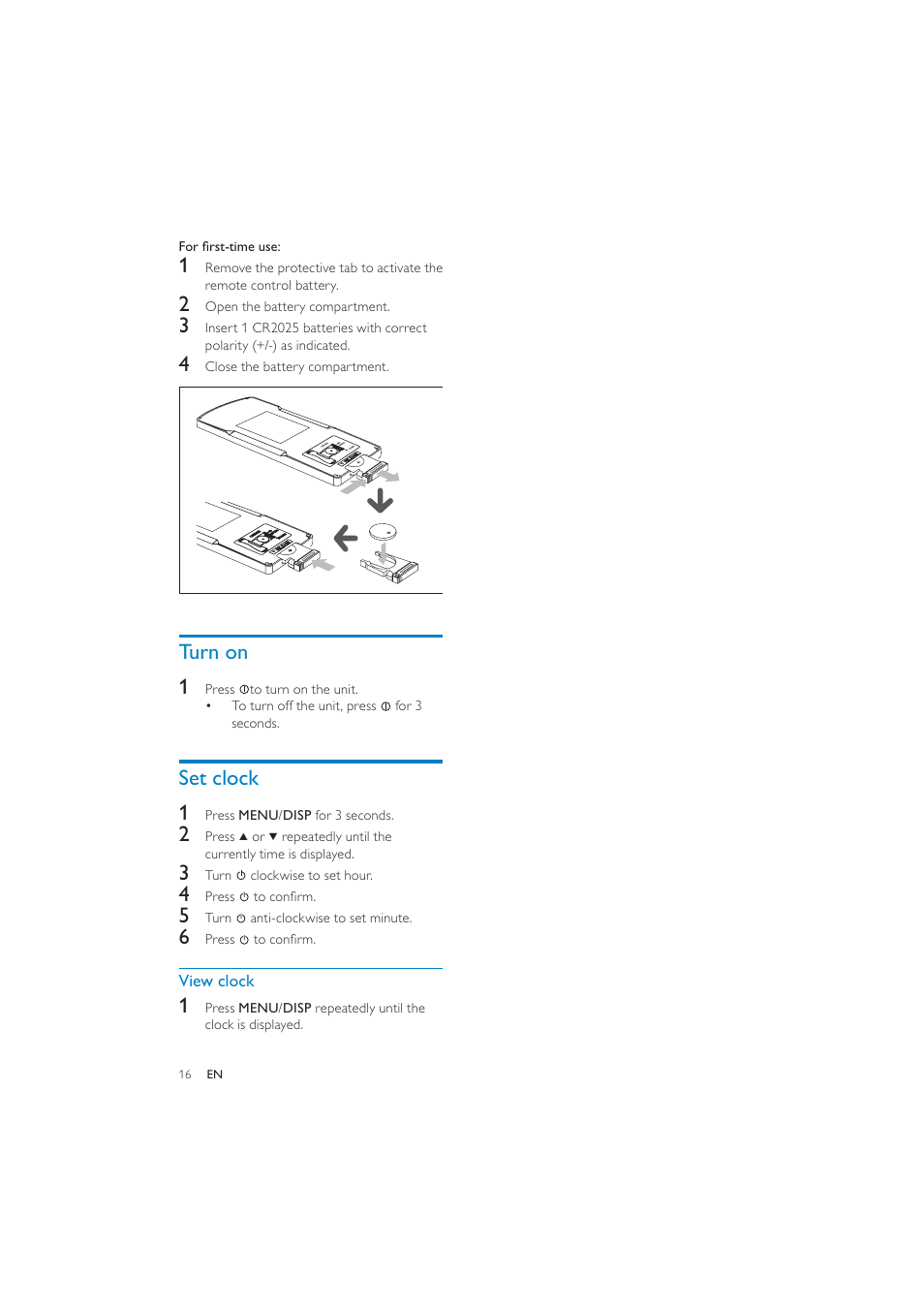 Turn on 1, Set clock 1 | Philips CEM250 User Manual | Page 15 / 34