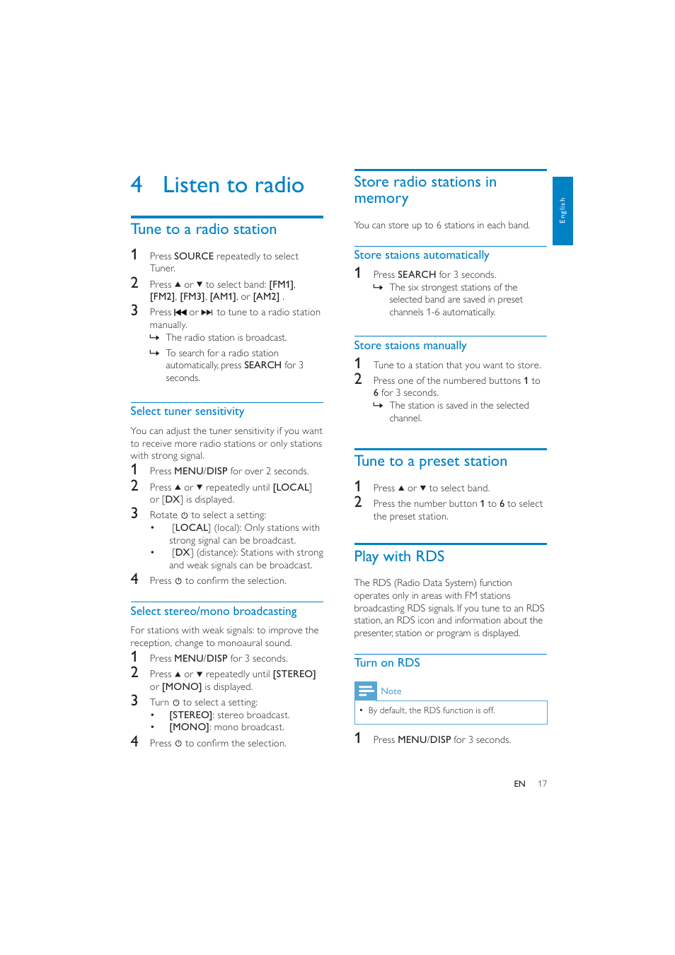 4 listen to radio, Tune to a preset station 1, Play with rds | Tune to a radio station 1 | Philips CEM250 User Manual | Page 16 / 34