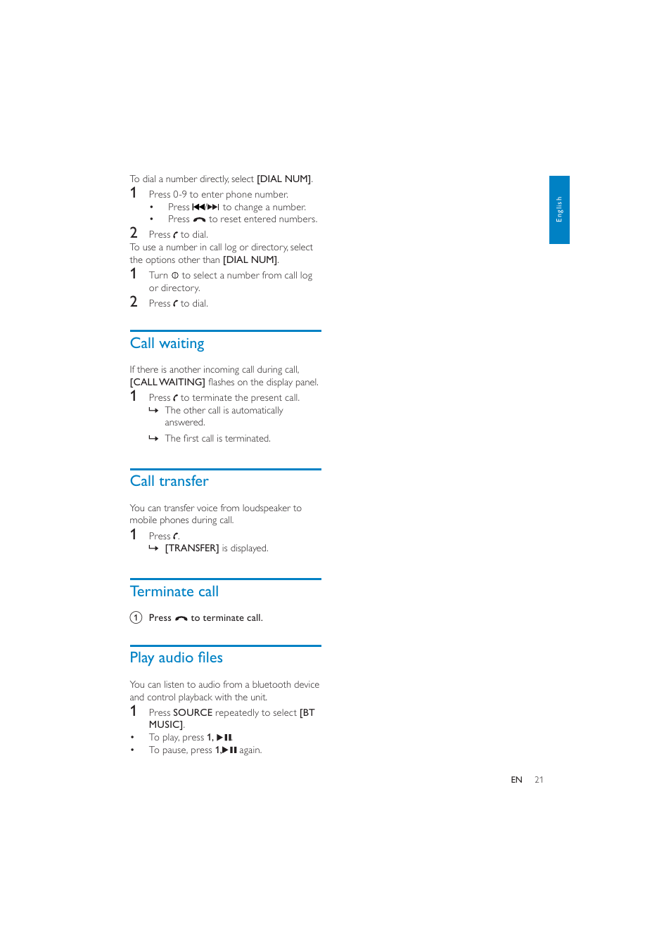 Call waiting, Call transfer, Terminate call | Play audio ﬁ les | Philips CEM250 User Manual | Page 20 / 34