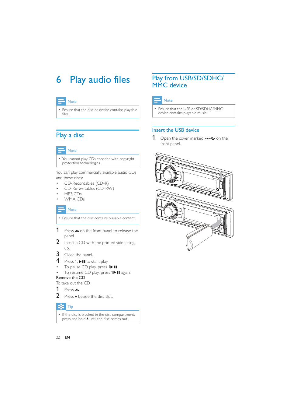 6 play audio files, Play from usb/sd/sdhc/ mmc device, Play a disc | Philips CEM250 User Manual | Page 21 / 34