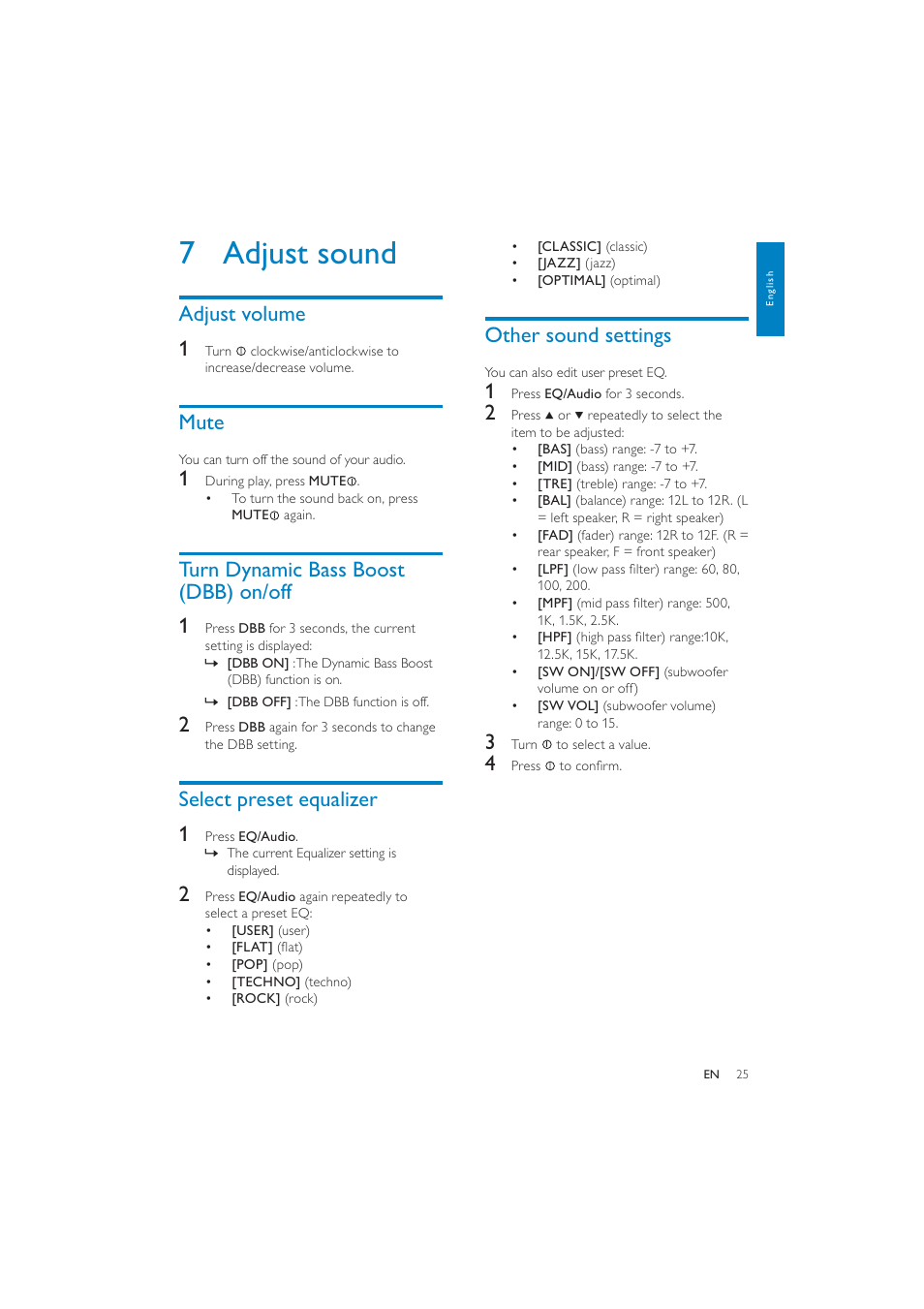 7 adjust sound, Other sound settings, Adjust volume 1 | Mute, Turn dynamic bass boost (dbb) on/off 1, Select preset equalizer 1 | Philips CEM250 User Manual | Page 24 / 34
