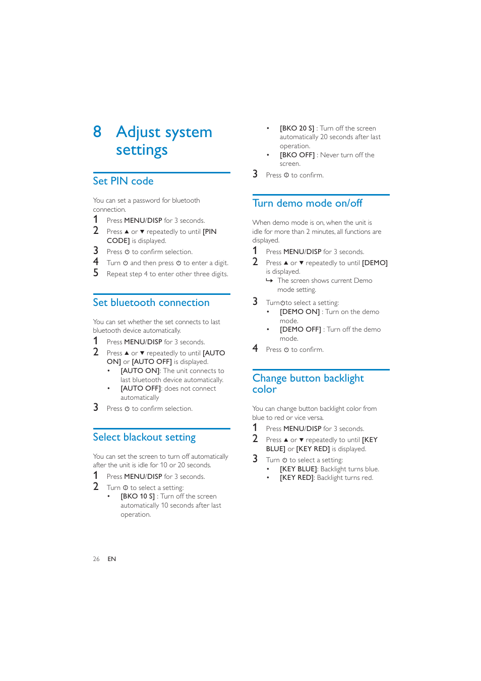 8 adjust system settings, Turn demo mode on/off, Change button backlight color | Set pin code, Set bluetooth connection, Select blackout setting | Philips CEM250 User Manual | Page 25 / 34
