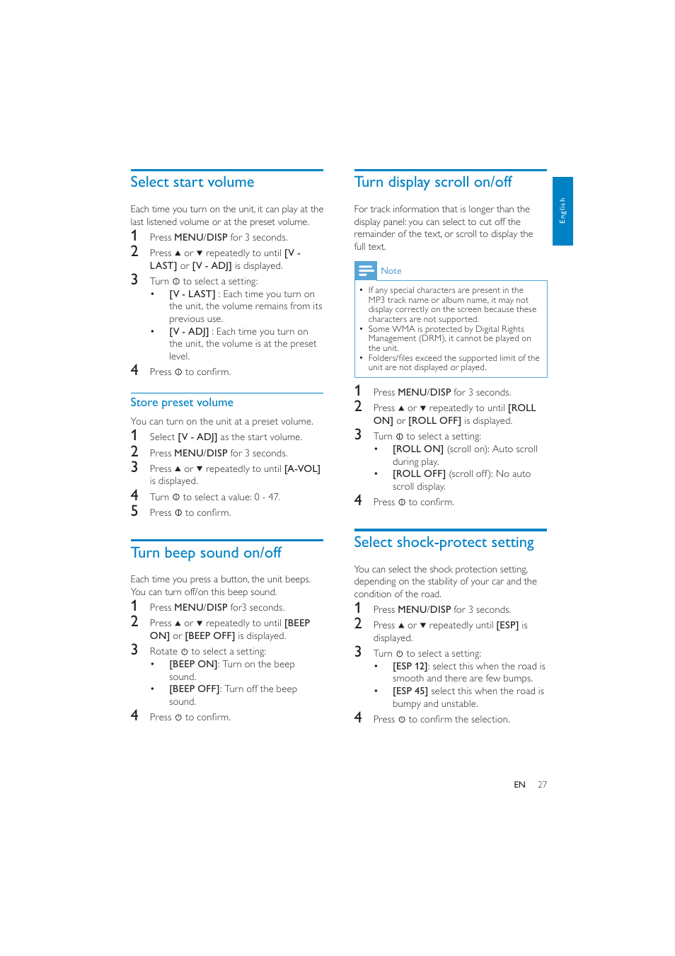 Turn display scroll on/off, Select shock-protect setting, Select start volume | Turn beep sound on/off | Philips CEM250 User Manual | Page 26 / 34