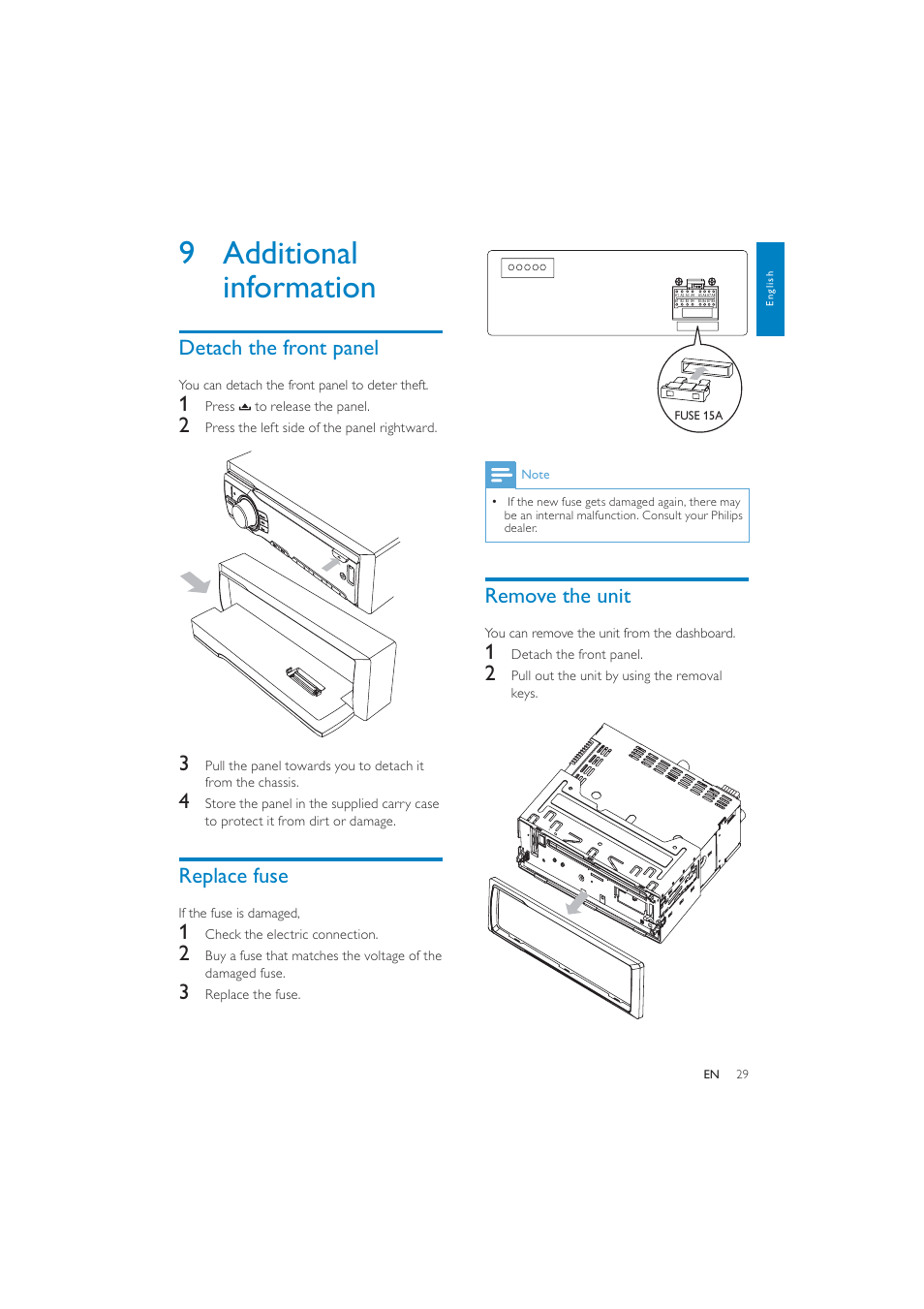 9 additional information, Remove the unit, Detach the front panel | Replace fuse | Philips CEM250 User Manual | Page 28 / 34