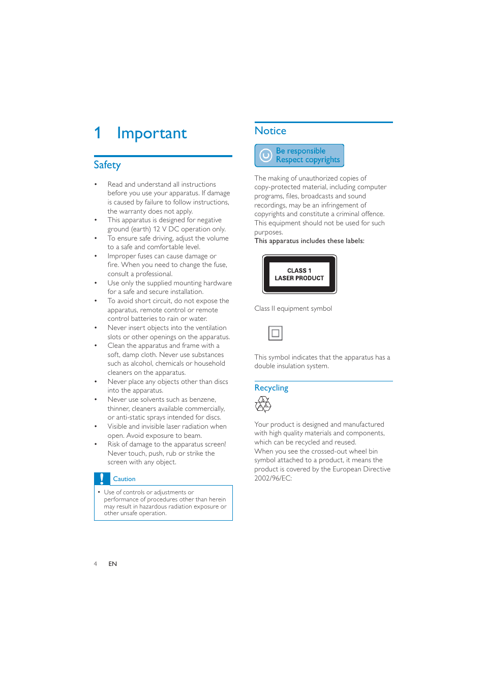 1 important, Notice, Safety | Philips CEM250 User Manual | Page 3 / 34