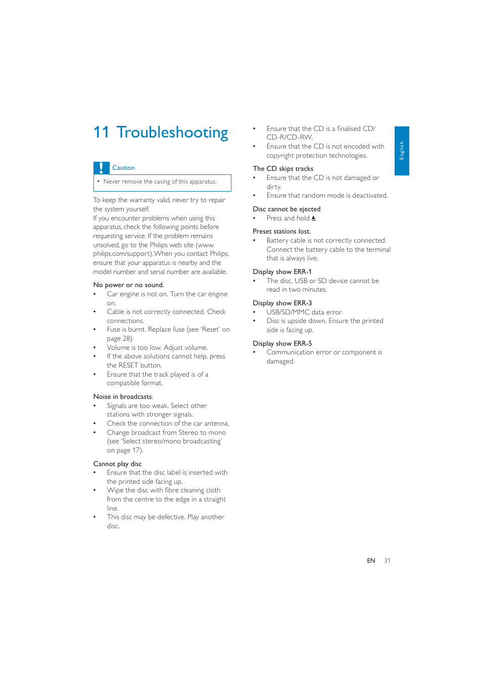 11 troubleshooting | Philips CEM250 User Manual | Page 30 / 34