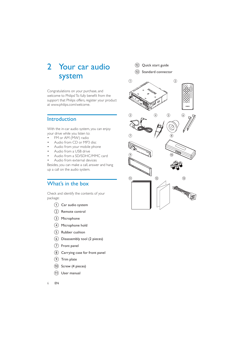 2 your car audio system, Introduction, What’s in the box | Philips CEM250 User Manual | Page 5 / 34