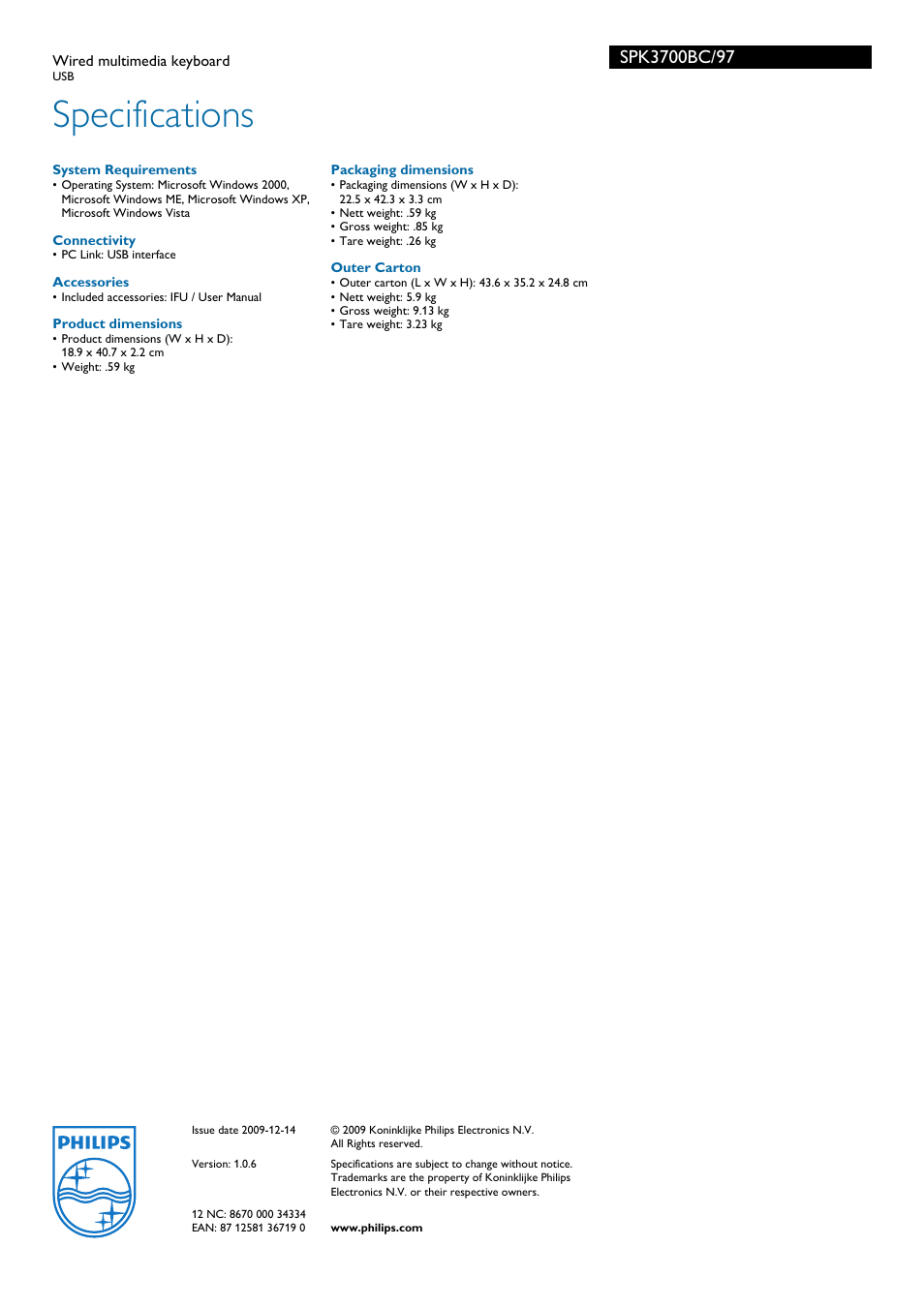 Specifications | Philips FCV-552 User Manual | Page 2 / 2