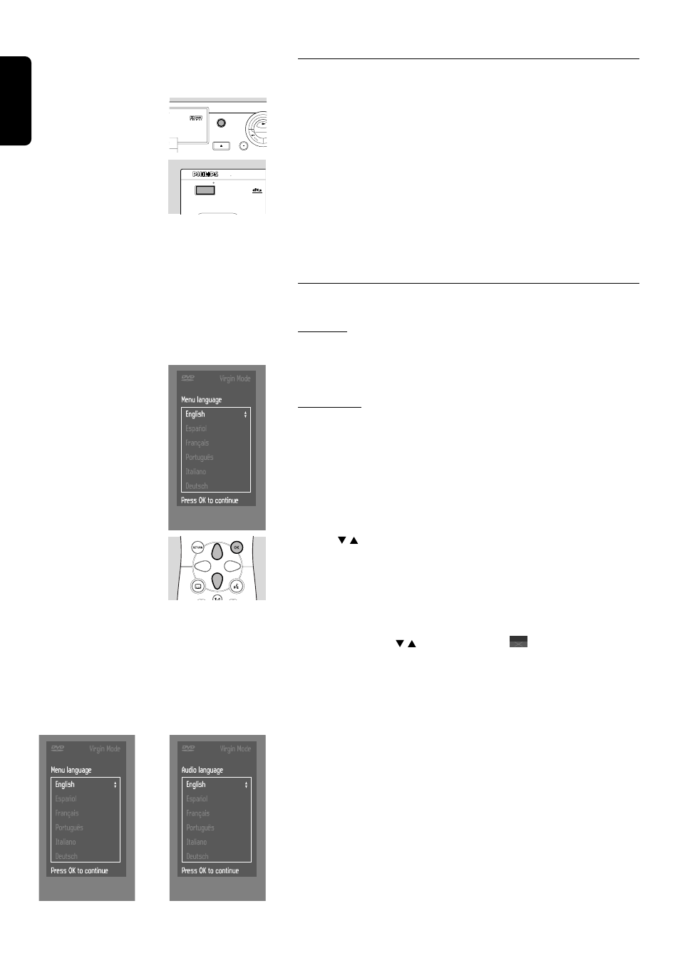 Switching on, Virgin mode, English | General, Operation, 18 preparation | Philips DVD750/05 User Manual | Page 18 / 34