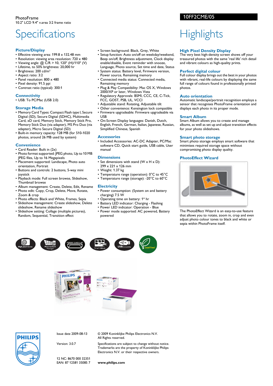 Specifications, Highlights | Philips 10FF2CME User Manual | Page 2 / 2