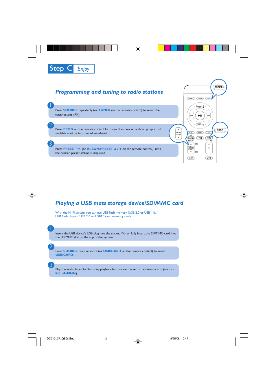 Playing a usb mass storage device/sd/mmc card, Programming and tuning to radio stations 1 2 3, Enjoy | Philips DC910W/37 User Manual | Page 3 / 4