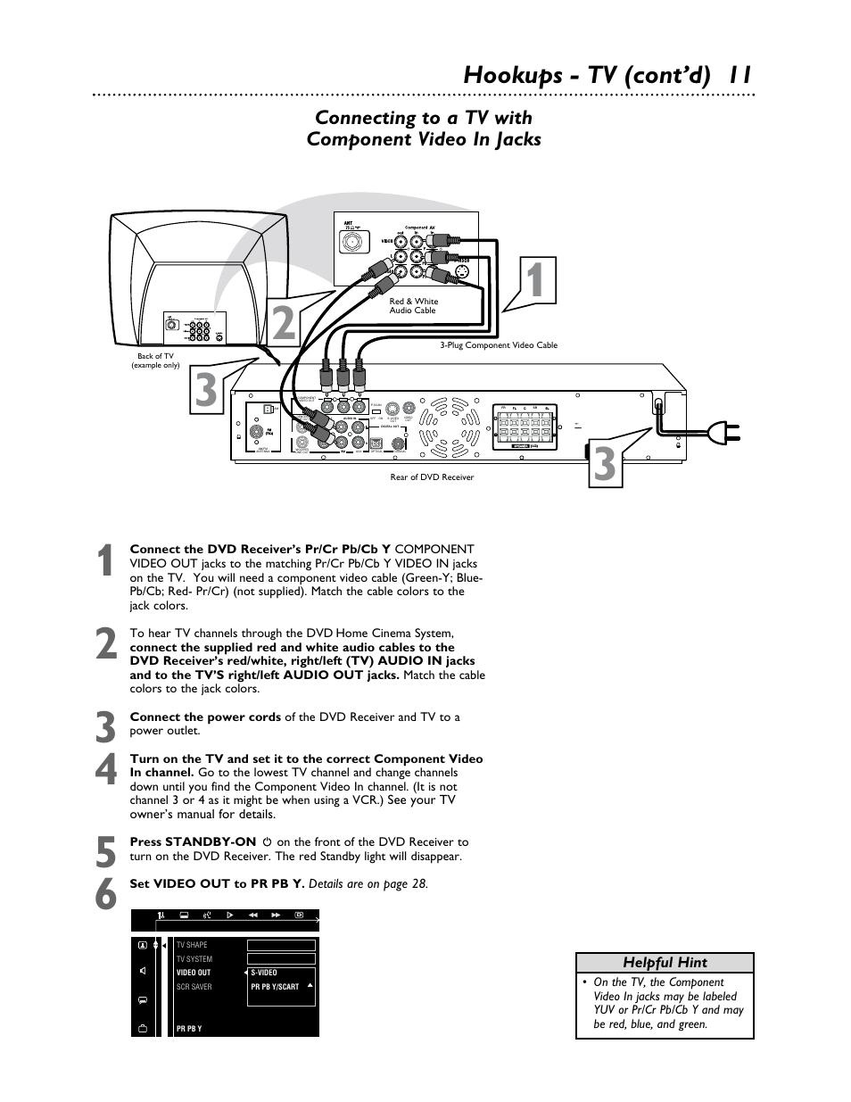 Hookups - tv (cont’d) 11, Connecting to a tv with component video in jacks, Helpful hint | Philips LX3000 User Manual | Page 11 / 44