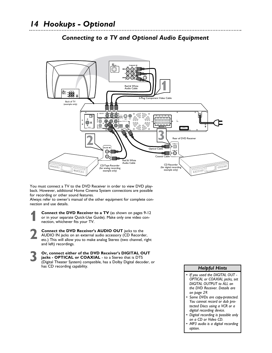 14 hookups - optional, Connecting to a tv and optional audio equipment, Helpful hints | Philips LX3000 User Manual | Page 14 / 44