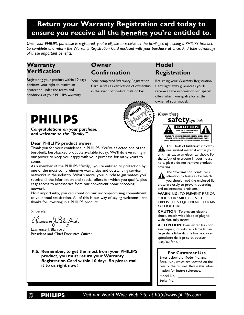Safety, Hurry, Warranty verification | Owner confirmation, Model registration, Know these, Symbols | Philips LX3000 User Manual | Page 2 / 44