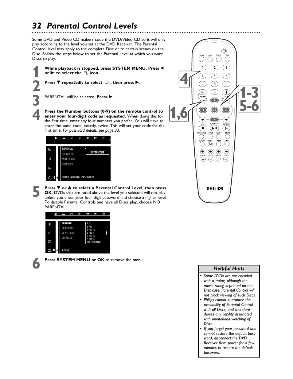 32 parental control levels | Philips LX3000 User Manual | Page 32 / 44