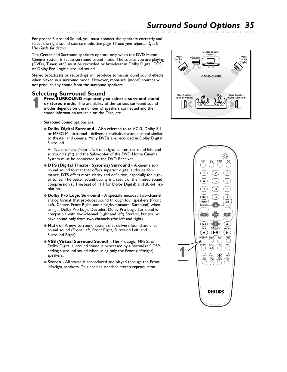Surround sound options 35, Selecting surround sound | Philips LX3000 User Manual | Page 35 / 44