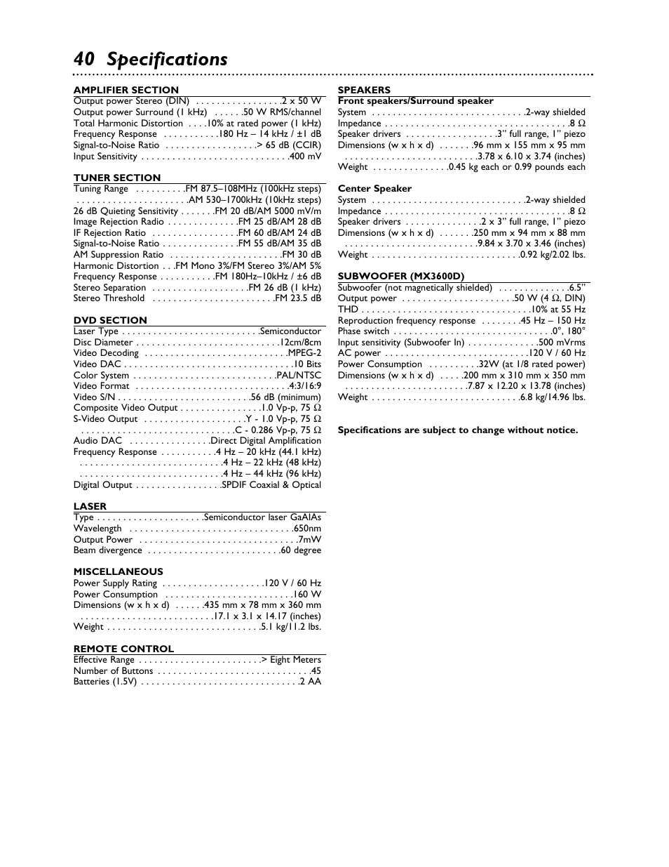 40 specifications | Philips LX3000 User Manual | Page 40 / 44
