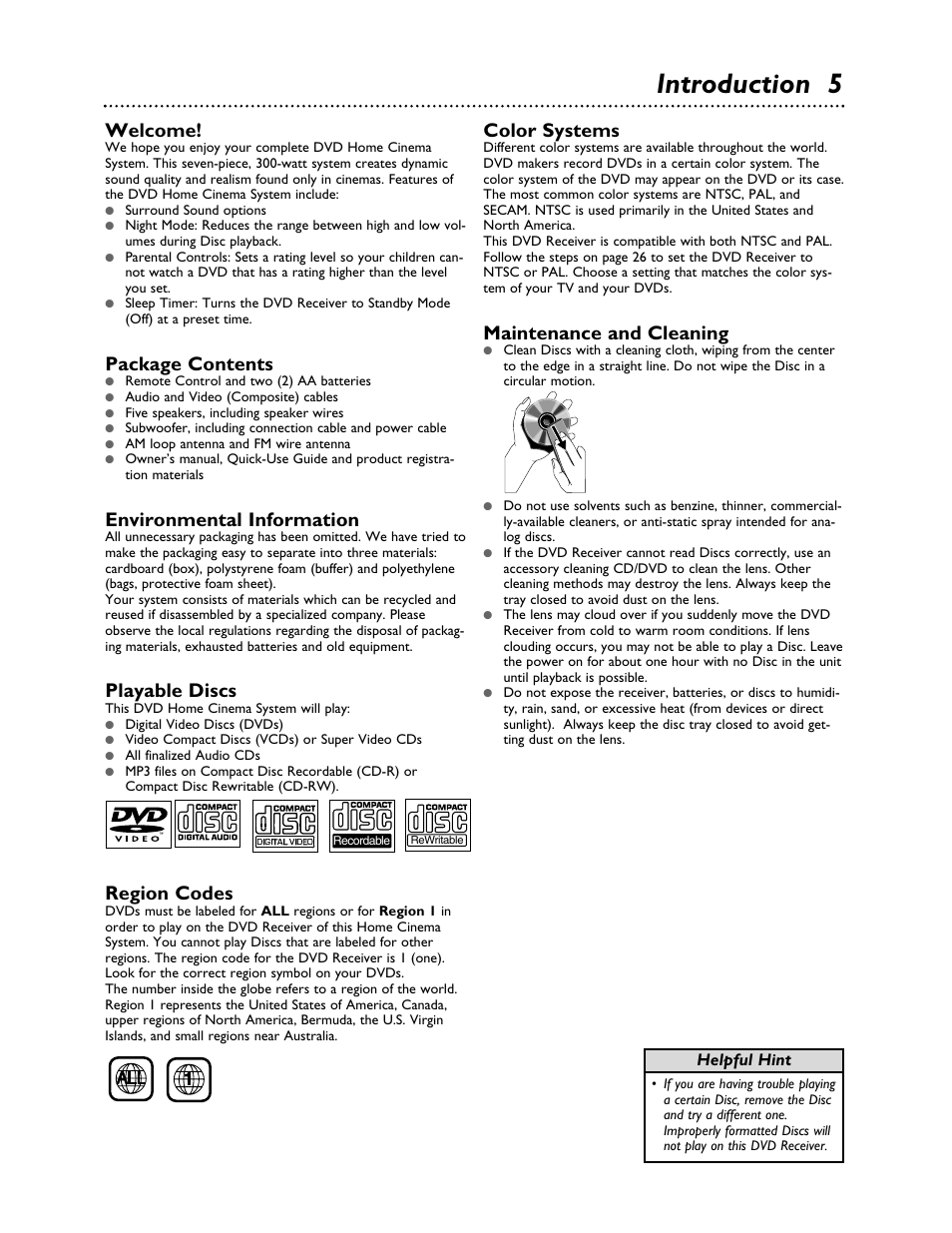Introduction 5, Welcome, Package contents | Environmental information, Playable discs, Region codes, Color systems, Maintenance and cleaning | Philips LX3000 User Manual | Page 5 / 44