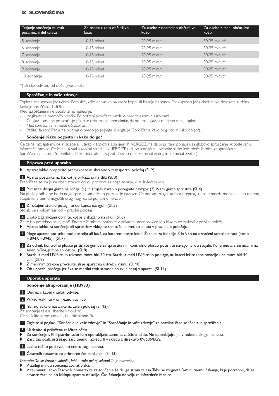 Sproščanje in vaše zdravje, Sončenje: kako pogosto in kako dolgo, Priprava pred uporabo | Uporaba aparata, Sončenje ali sproščanje (hb933), Sončenje ali sproščanje (hb947 in hb945) | Philips HB933 User Manual | Page 100 / 124