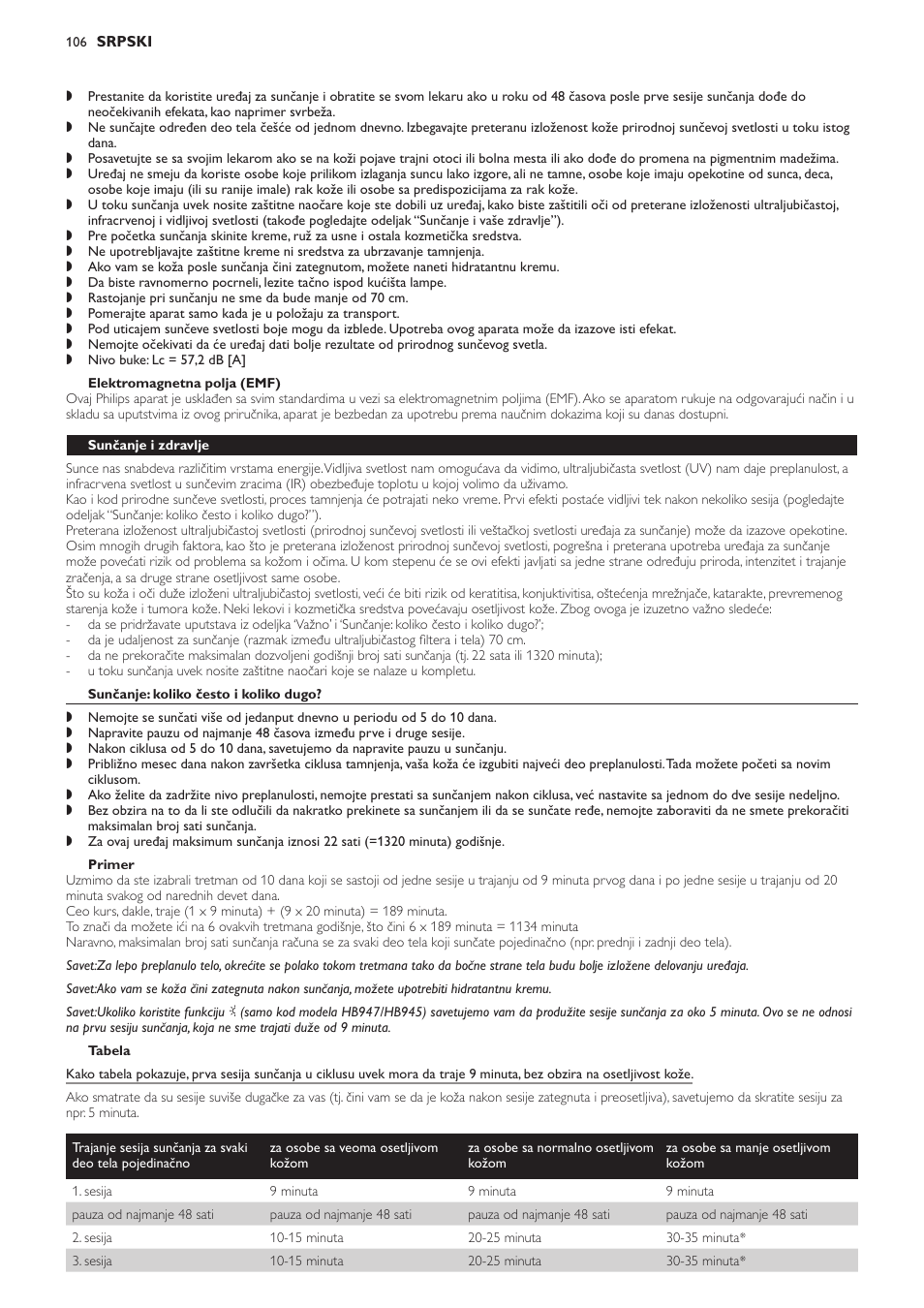 Elektromagnetna polja (emf), Sunčanje i zdravlje, Sunčanje: koliko često i koliko dugo | Primer, Tabela | Philips HB933 User Manual | Page 106 / 124