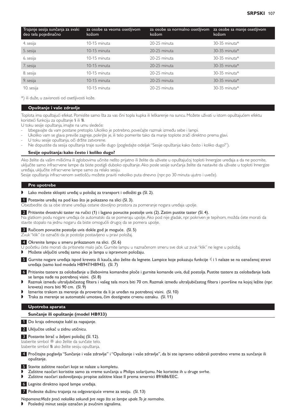 Opuštanje i vaše zdravlje, Sesije opuštanja: kako često i koliko dugo, Pre upotrebe | Upotreba aparata, Sunčanje ili opuštanje (model hb933) | Philips HB933 User Manual | Page 107 / 124