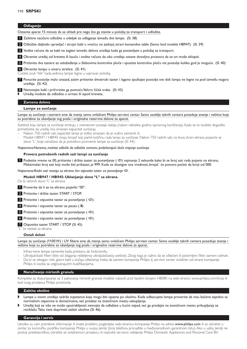 Odlaganje, Zamena delova, Lampe za sunčanje | Provera potrošenih radnih sati lampi za sunčanje, Ostali delovi, Naručivanje mirisnih granula, Zaštita okoline | Philips HB933 User Manual | Page 110 / 124