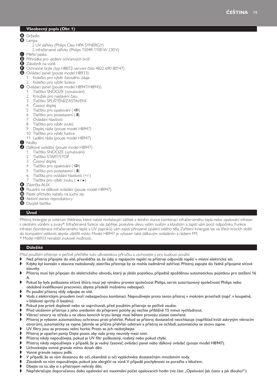 Čeština, Všeobecný popis (obr. 1), Úvod | Důležité | Philips HB933 User Manual | Page 19 / 124