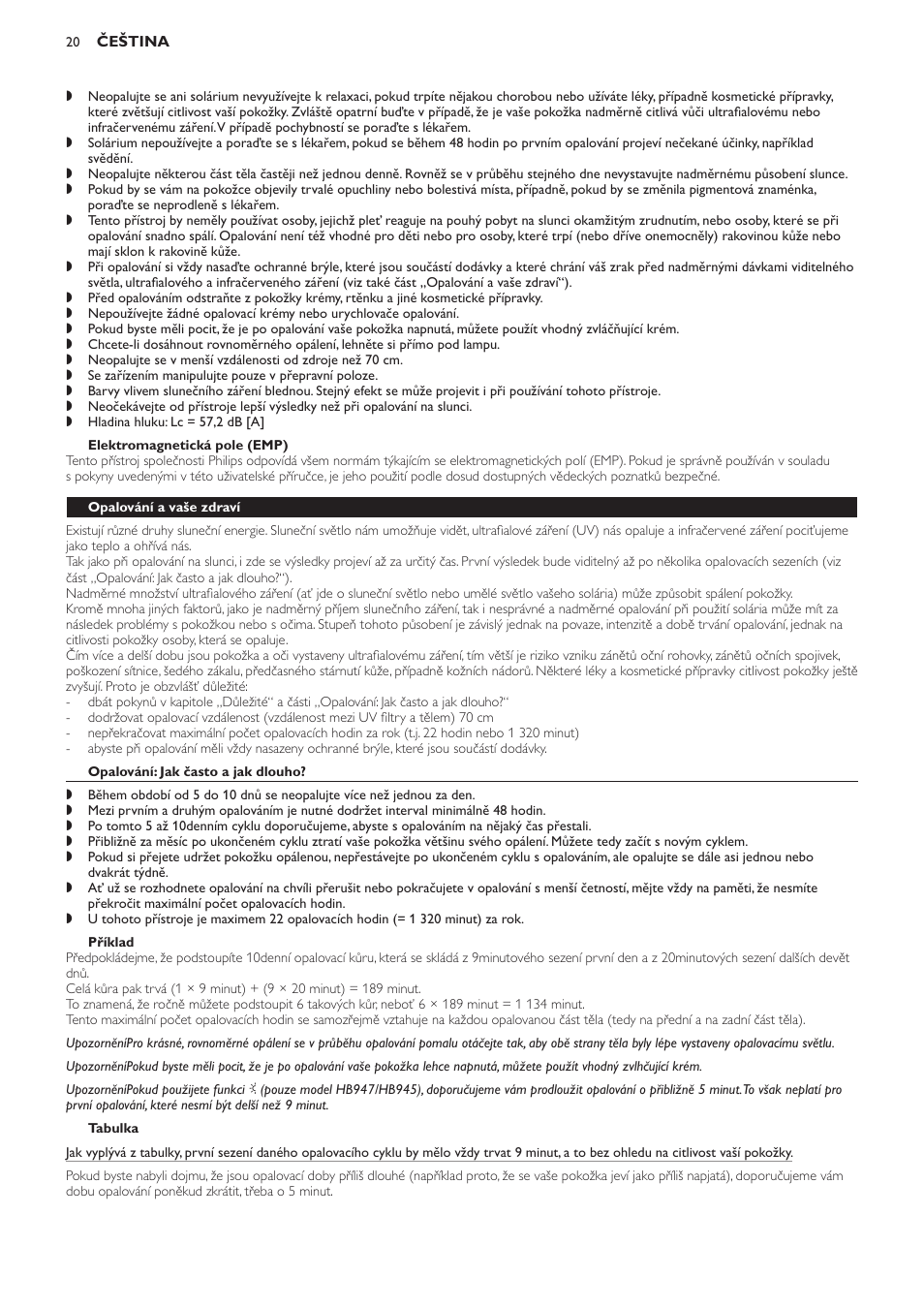 Elektromagnetická pole (emp), Opalování a vaše zdraví, Opalování: jak často a jak dlouho | Příklad, Tabulka | Philips HB933 User Manual | Page 20 / 124