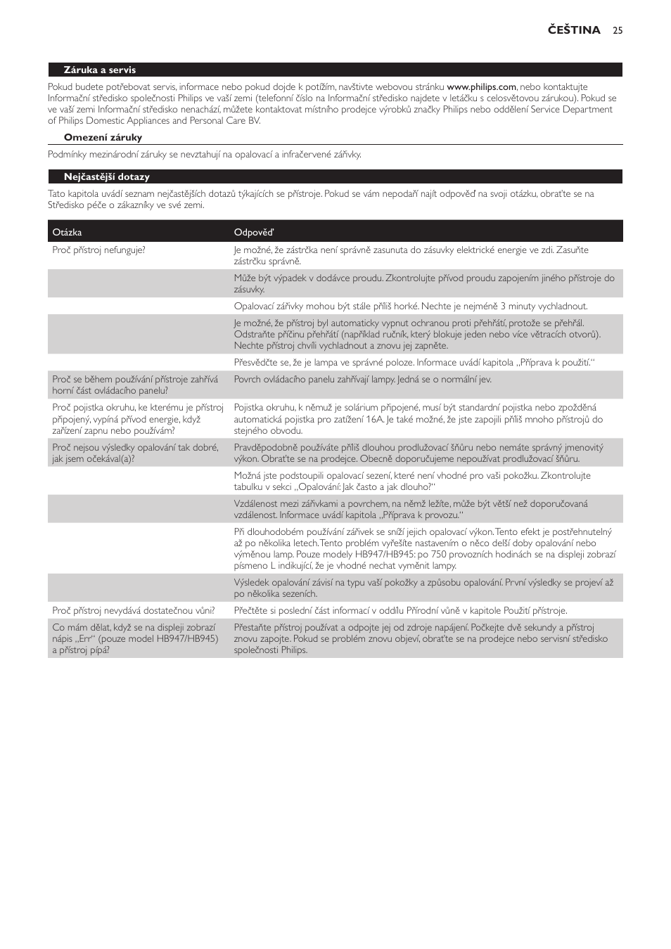 Záruka a servis, Omezení záruky, Nejčastější dotazy | Philips HB933 User Manual | Page 25 / 124