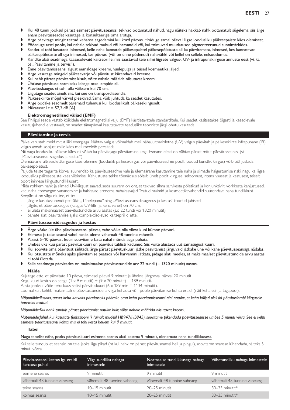 Elektromagnetilised väljad (emf), Päevitamine ja tervis, Päevitusseansid: sagedus ja kestus | Näide, Tabel | Philips HB933 User Manual | Page 27 / 124