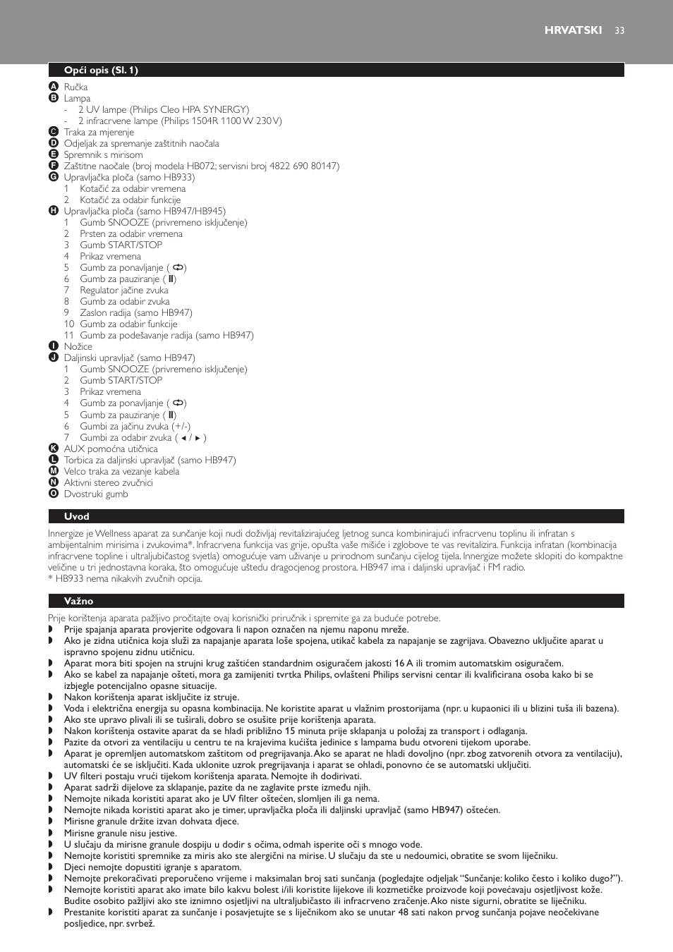 Hrvatski, Opći opis (sl. 1), Uvod | Važno | Philips HB933 User Manual | Page 33 / 124