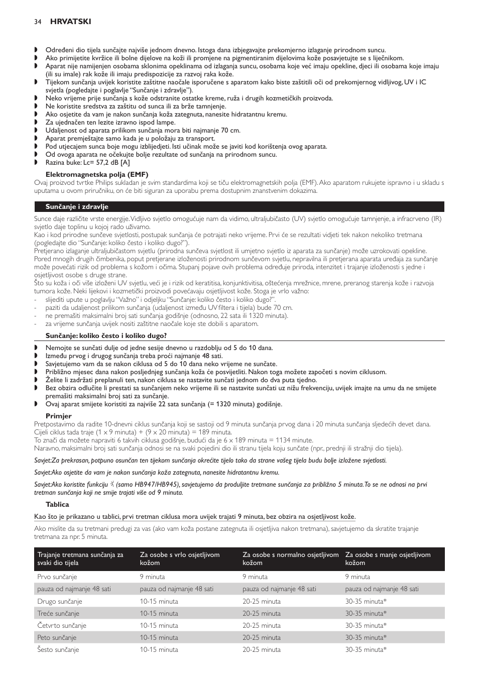 Elektromagnetska polja (emf), Sunčanje i zdravlje, Sunčanje: koliko često i koliko dugo | Primjer, Tablica | Philips HB933 User Manual | Page 34 / 124